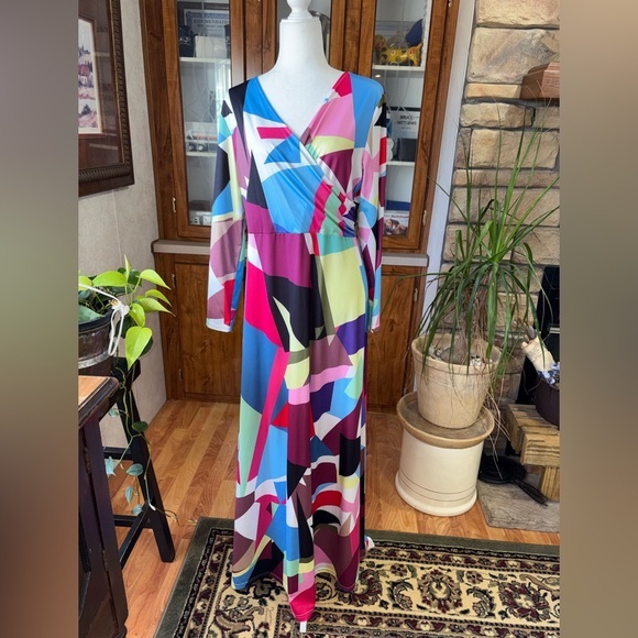 Dresses & Skirts - MULTICOLOR ABSTRACT LONG  SLEEVE FAUX WRAP MAXI DRESS. BRIGHT & VIBRANT X-LARGE